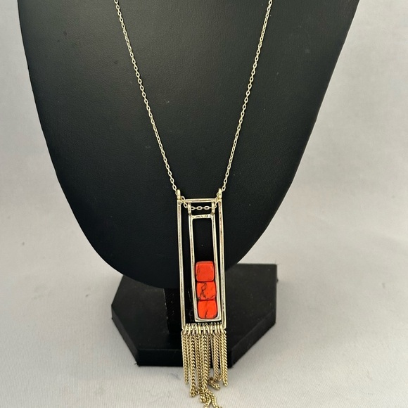 French Connection gold tone necklace with orange square beads in pendant - Picture 1 of 3